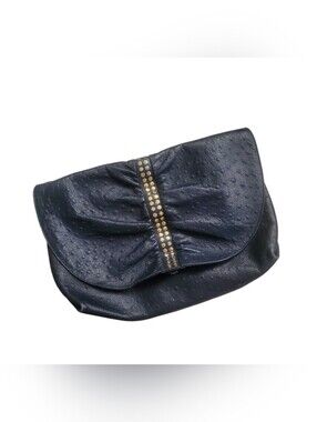 Vintage Susan Gail Midnight Blue Gold Studded Ostrich Leather Large Clutch Bag